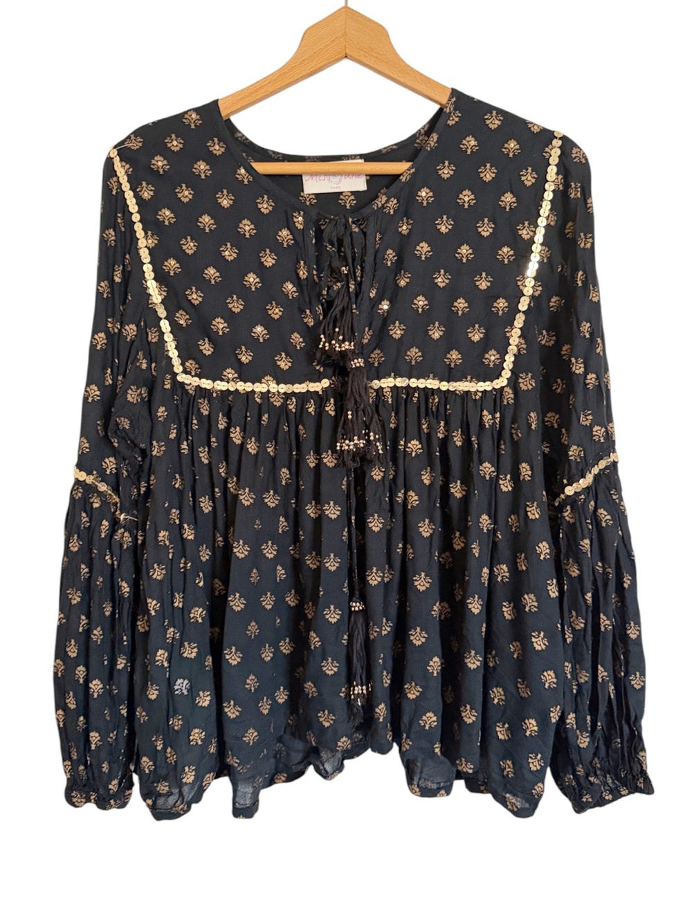 Miss June Paris Womens Black Gold Floral Sequin Boho Peasant Blouse size M-L